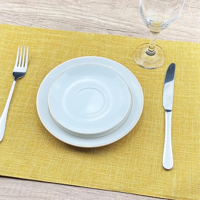 Weabetfu Cloth Placemats Set of 6 Heat Resistant Dining Table Placemmats Cotton Linen Machine Washable Kitchen Table Mats Wrinkle Free Thick Fabric Place Mat,Easy to Clean,13"x19" Yellow