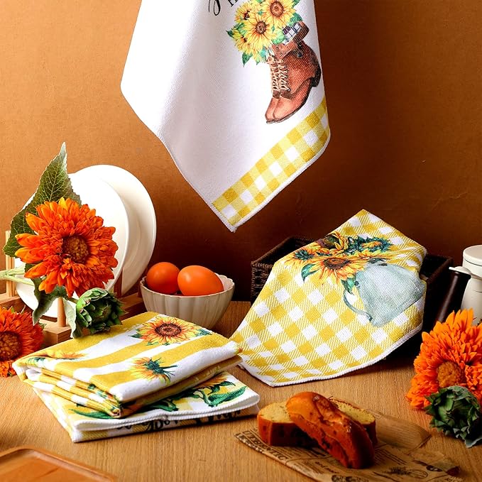 Oudain 6 Pcs Sunflower Kitchen Dish Towels Sunflower Absorbent Tea Towels Reusable Fast Drying Cleaning Dishcloths for Summer Housewarming Gift