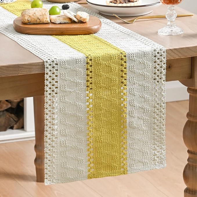 Artoid Mode Yellow Farmhouse Rustic Table Runner, Seasonal Holiday Hollow Kitchen Dining Table Decoration for Home Party Decor 12x120 Inch