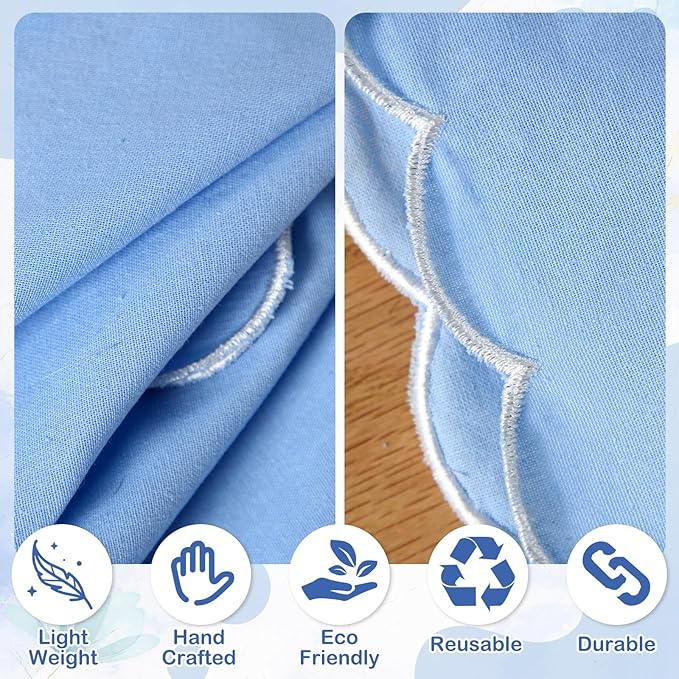 Mindsoft 8 Pcs Blue Wedding Cloth Napkins Scalloped Embroidered Dinner Napkins 100% Cotton Reusable Washable Decorative Table Napkin for Weddings Dinner Restaurant Party Decoration, 18 x 18 Inch