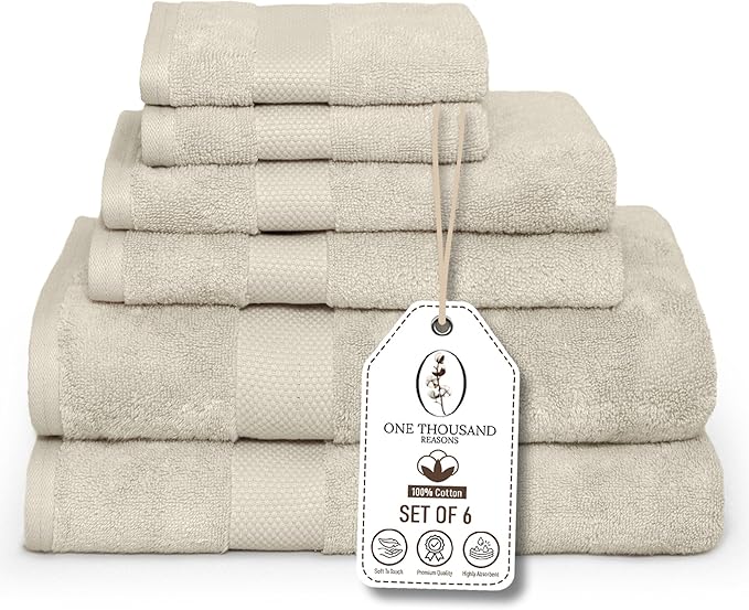 Premium Staple Cotton Bathroom Towel Set - Beige 600 GSM 6-Piece Luxury Bath Towel Set 1 Stripe - 2 Bath Towels, 2 Hand Towels & 2 Washclothes Set - High Absorbent & Quick Dry for Gym, Spa, Hotel