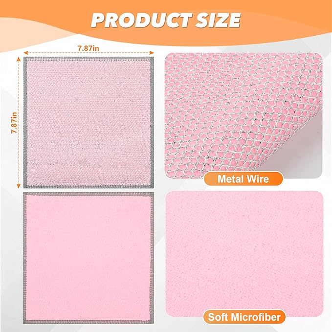 12Pack Upgrade Multipurpose Wire Dishwashing Rags, Dual-Side Non Scratch Wire Dishcloth, for Wet and Dry Use, Reusable Metal Scrubbing Microfiber Clean Cloths for Home/Kitchen/Stove(Pink)