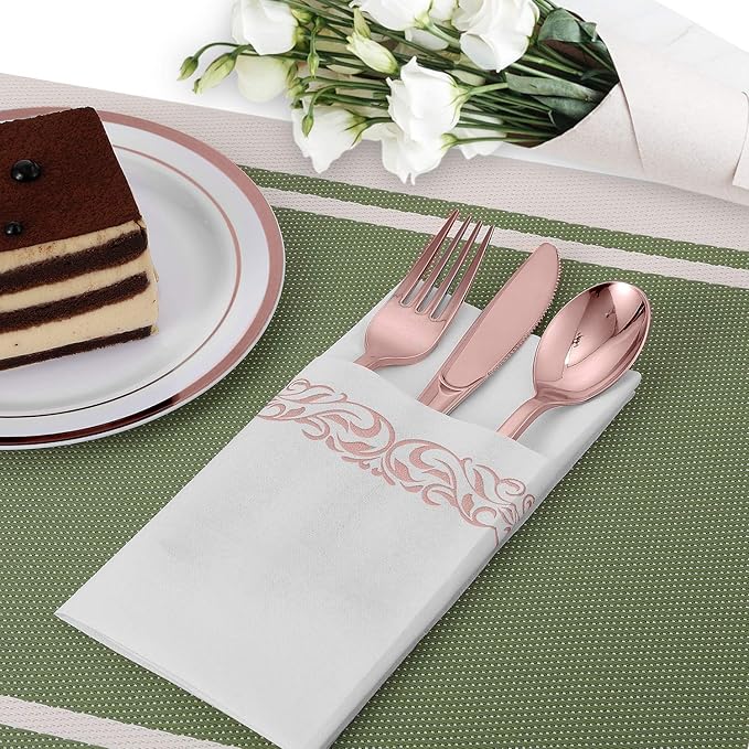 FOCUSLINE 200 Linen Feel Disposable Bathroom Napkins, Soft and Absorbent Paper Guest Towels, Cloth-Like Paper Hand Towels Decorative Napkins for Parties,Weddings,Dinners or Events,Rose Gold, 12" x 17"