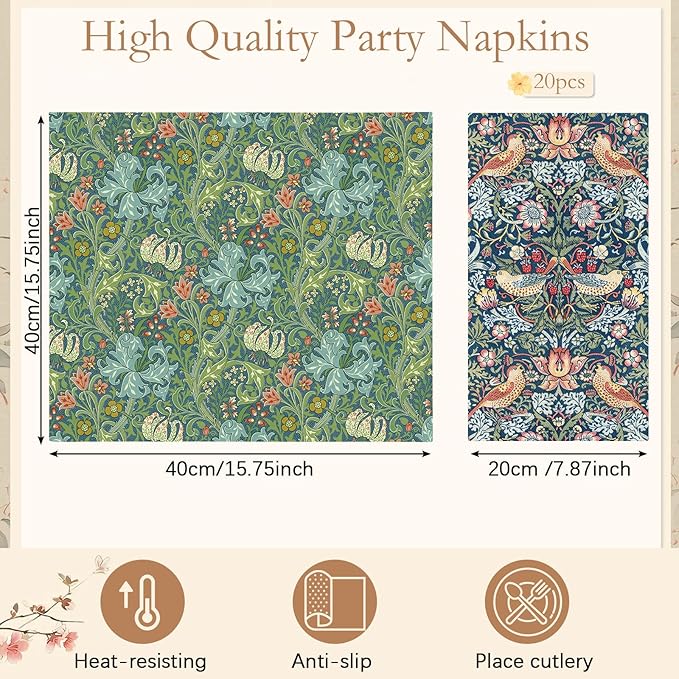 Mindsoft 20 Pcs William Morris Napkins Vintage Flowers Dinner Cloth Napkins 15.7" x 15.7" Linen Watercolor Washable Floral Soft Absorbent Square Table Top Decor for Kitchen, Wedding, Gifts Bulk
