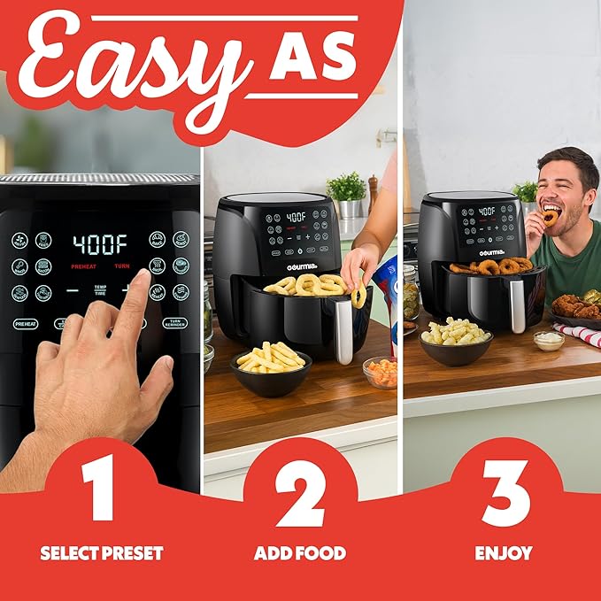 Gourmia Air Fryer - 6 Qt Large Capacity, FryForce 360º, Digital Display with 12 Presets, Roast, Bake, Broil, Dehydrate, Dishwasher Safe Accessories, Black