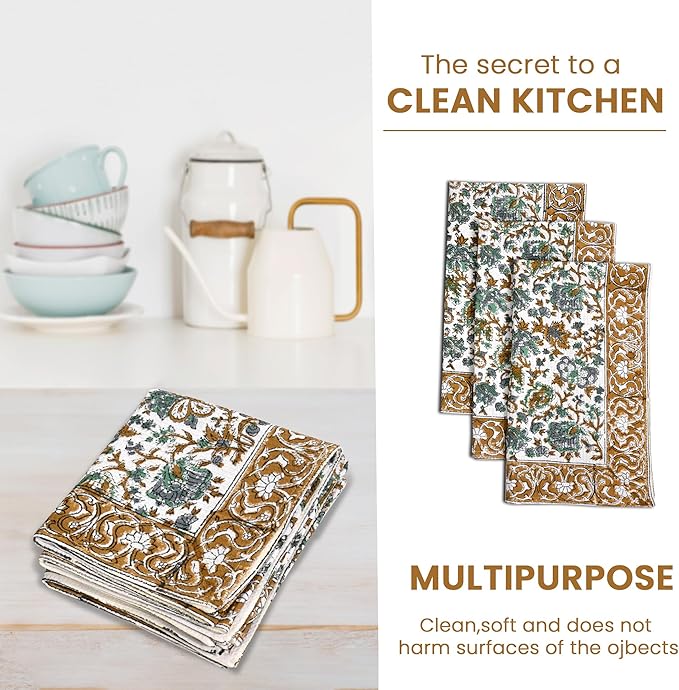 CPC Harvest Bloom Hand Block Print Waffle Kitchen Towel Set of 3-16 x 28 Inch Ultra Absorbent Quick Dry Cotton Dish Towels Lightweight Reusable Sustainable Tea Towels for Cleaning and Drying