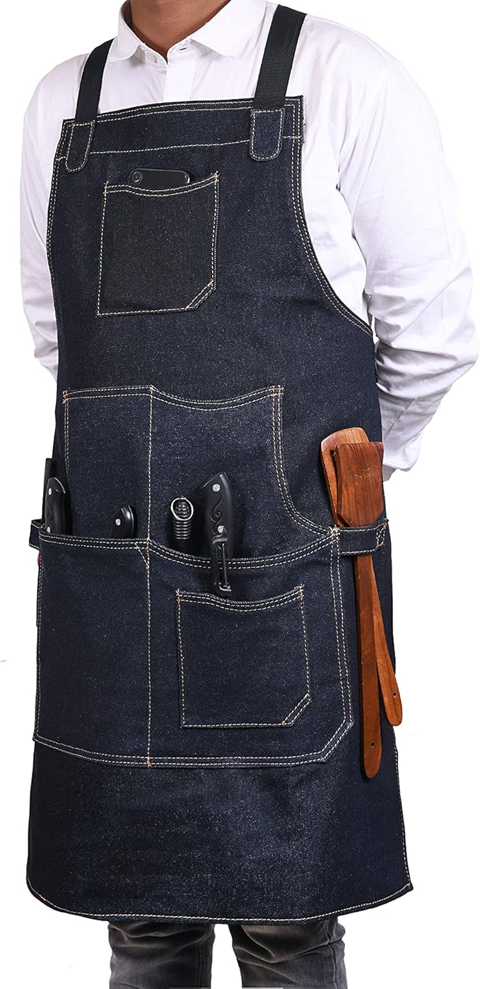 One Size Fits Utility Apron | Adjustable Cross-Back Straps | Multi-Use Shop Apron With Tool Pockets By Aaron Leather Goods (Denim, Cotton)