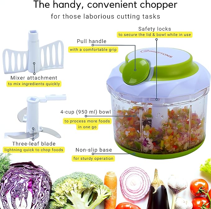 Brieftons QuickPull Manual Food Chopper: Large 4-Cup Powerful Hand Pull Chopper/Mincer/Mixer Blender to Chop Onion, Garlic, Vegetables, Fruits, Herbs for Salsa, Salad, Pesto, Puree, Indian Cooking