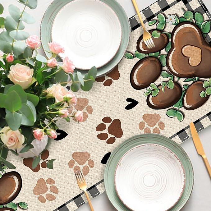 Cat Dog Paw Prints Table Runner, Buffalo Plaid Check Farmhouse Kitchen Dining Table Decoration Pet Lover Gifts, Eucalyptus Leaves Burlap Indoor Outdoor Home Decor Party Supply 13 x 36 Inches