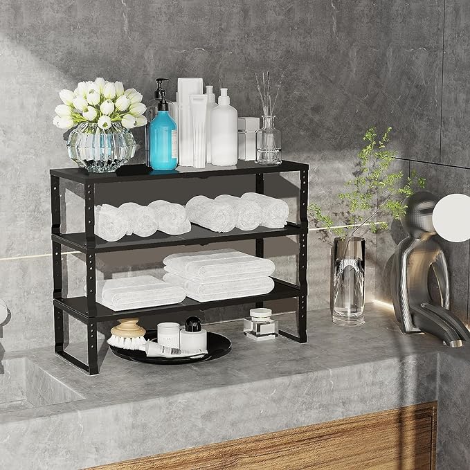 Jojocross Expandable Cabinet Shelf Organizer Storage Spice Rack Shelves for Kitchen Stackable Adjustable Pantry Cupboard Bathroom Countertop Desktop(1Pack/Black/Large)