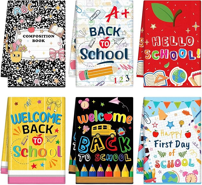 Breling Set of 6 Welcome Back to School Towels First Day of School Hand Dish Towels Highly Absorbent Decorative Classroom Cleaning Cloths for Classroom Bathroom Decorations Gifts, 14 x 21 Inch