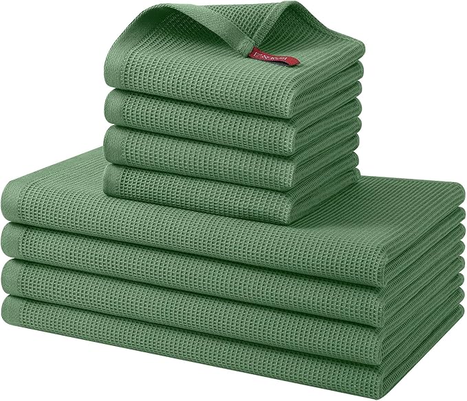 Homaxy 100% Cotton Kitchen Towels and Dishcloths Set - 8 Pack Waffle Weave Soft and Absorbent Dish Towels - 26 X 16 Inch and 12 X 12 Inch - Grass Green