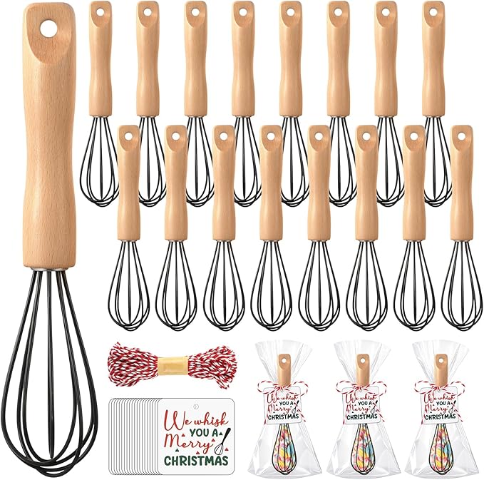 Baderke 20 Sets Baking Gifts Set Includes 8 Inch Silicone Whisk with Wood Handle Wired Stainless Steel Whisk Set Greeting Cards Plastic Bags for Party Birthday Christmas Stuffers Gift(Black)