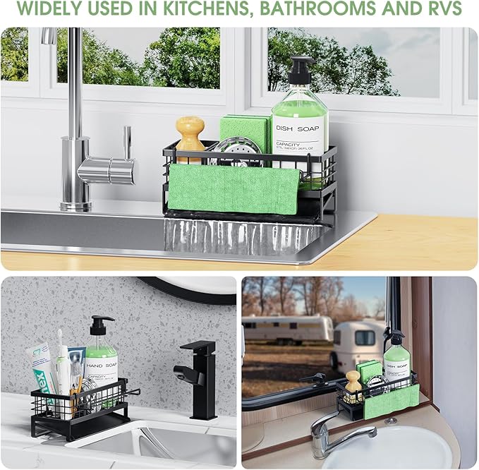 Self-Draining Kitchen Sink Caddy, Rustproof Non-Slip Metal Sponge Holder with Detachable Dish Cloth Holder (Black)