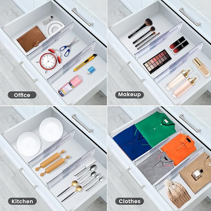 8 Pack Adjustable Drawer Dividers for Clothes,4" High Clear Expandable From 13-21" Drawer Organizers, PC Plastic Separators for Dresser/Bedroom/Bathroom/Kitchen/Office Storage,Easy to Assemble