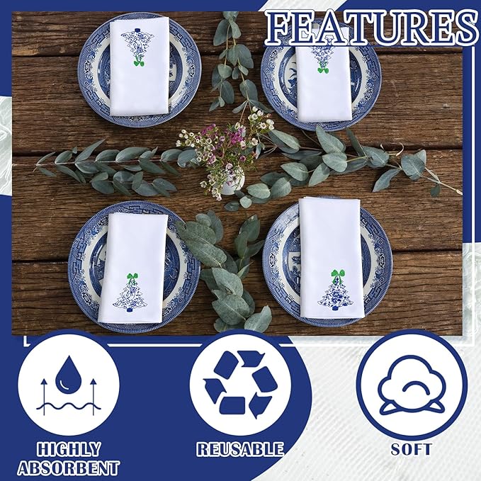 HunnmingRe 12 Pcs Christmas Tree Blue and White Cloth Napkins Chinoiserie Embroidered Cotton Hand Towels Blue Guests Napkin for Xmas Holiday Weddings Dinner Parties Washable 17x17 Inch