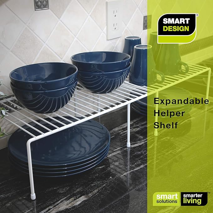 Smart Design Expandable Storage Rack - Set of 6 - Metal Wire - Kitchen Counter, Bathroom Medicine Organizer, Dish, Plate Display Shelf, Sink Cabinet, Spice Pantry - 16 x 32.5 - White