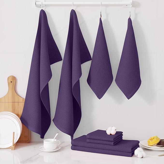 Homaxy 100% Cotton Kitchen Towels and Dishcloths Set, 12 x 12 Inches and 13 x 28 Inches, Set of 12 Bulk Kitchen Towels Set, Ultra Soft Absorbent Dish Cloths for Washing Dishes, Eggplant