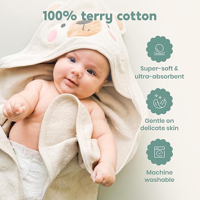 CuddleBug Premium Hooded Baby Bath Towel & Washcloth Set (Bear) - 100% Cotton Terrycloth Hooded Baby Towels for Newborn & Toddler - Super-Soft & Absorbent, Newborn Essentials (33" x 33") - Honey Beige