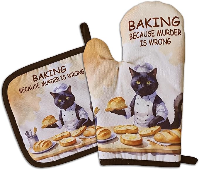 Funny Baking Cat Oven Mitts and Pot Holders（Set of 2）Baking Because Murder is Wrong Baker Mitts for Kitchen Decor Silicone Non-Slip Oven Mitts Cat Lover Gift Birthday Gift for Friend Chef