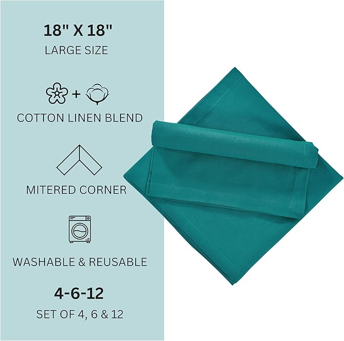 FINGERCRAFT Dinner Cloth Napkins, Cotton Linen Blend Mitered Corner Napkins Cloth 4 Pack Natural Premium Quality for Every Day Use, Parties, Easter, Thanksgiving, Weddings, 18x18 inch Teal Green