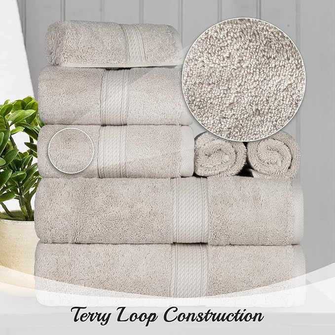 SUPERIOR Egyptian Cotton Pile 8 Piece Towel Set, Includes 2 Bath, 2 Hand, 4 Face Towels/Washcloths, Ultra Soft Luxury Towels, Thick Plush Essentials, Guest Bath, Spa, Hotel Bathroom, Stone