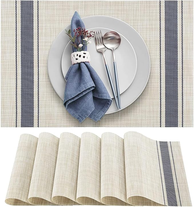 DACHUI Placemats Set of 8, Soft & Elegant Woven Vinyl Place Mats, Water Resistant, Heat Resistant, Washable, Durable Table Mats (Blue Stripes)