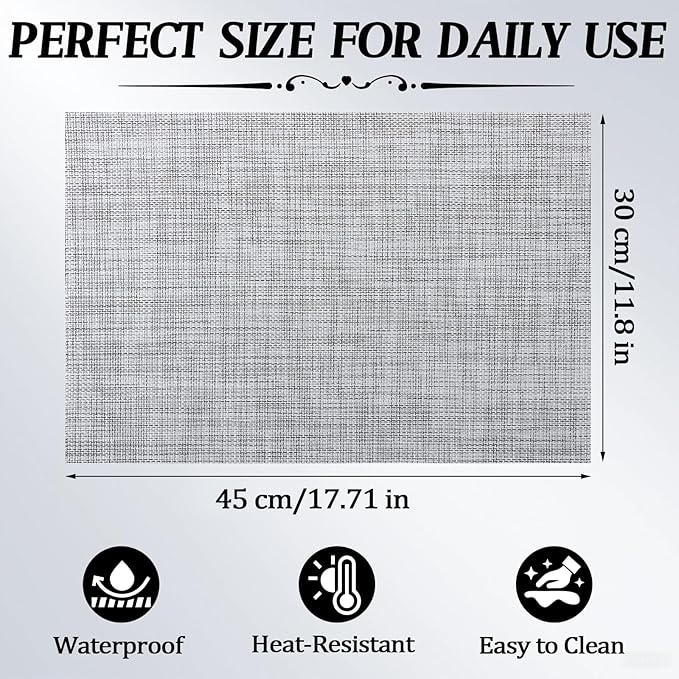 Timeet Placemats Set of 4, Heat Resistant Non-Slip Place Mats for Dining Table, Durable Washable PVC Vinyl Woven Table Mats, Linen Textured Placemats for Kitchen Resistant Easy to Clean(Gray