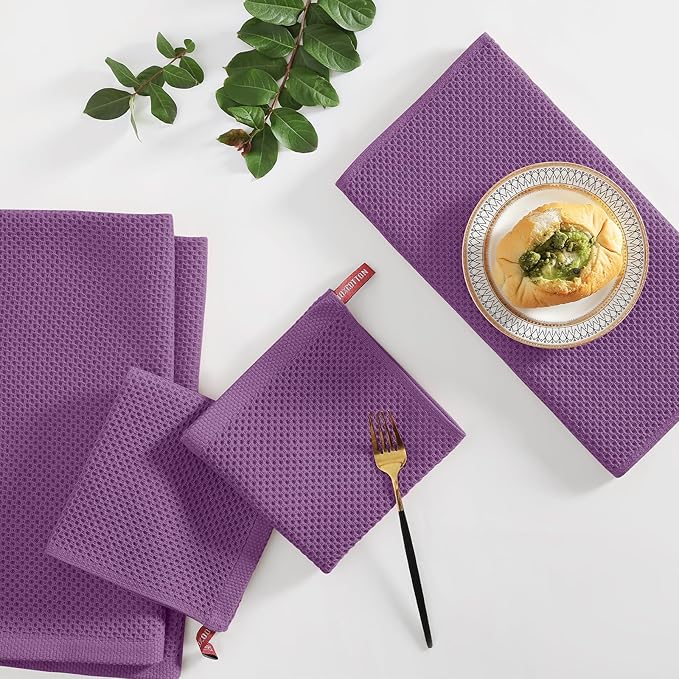 Homaxy 100% Cotton Kitchen Towels and Dishcloths Set, 12 x 12 Inches and 13 x 28 Inches, Set of 8 Bulk Kitchen Towels Set, Ultra Soft Absorbent Dish Cloths for Washing Dishes, Purple