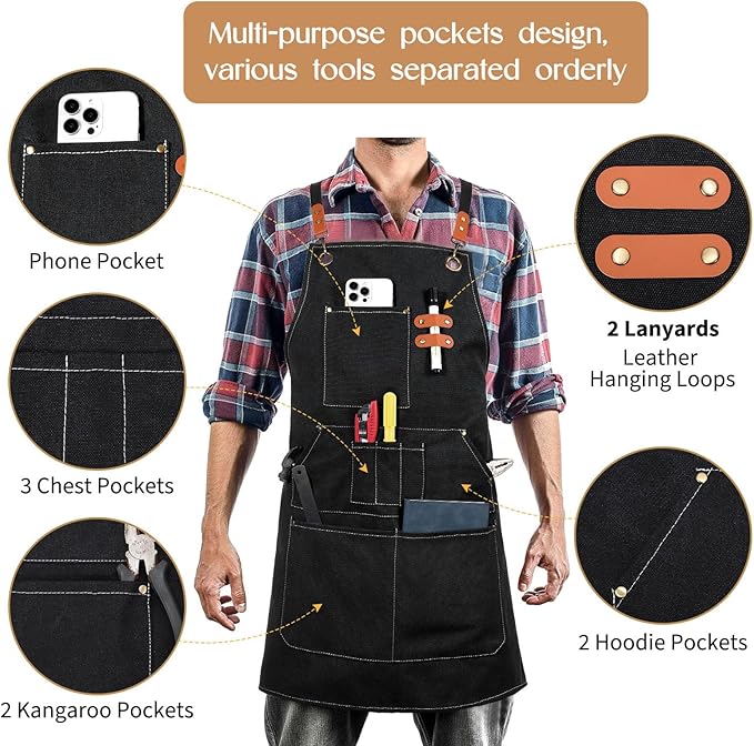 Work Apron for Men Women with 9 Pockets, Black Cross Back Chef Aprons 14oz Cotton Canvas, Tool Apron for Woodworkers Kitchen Cooking, Size M to XXL