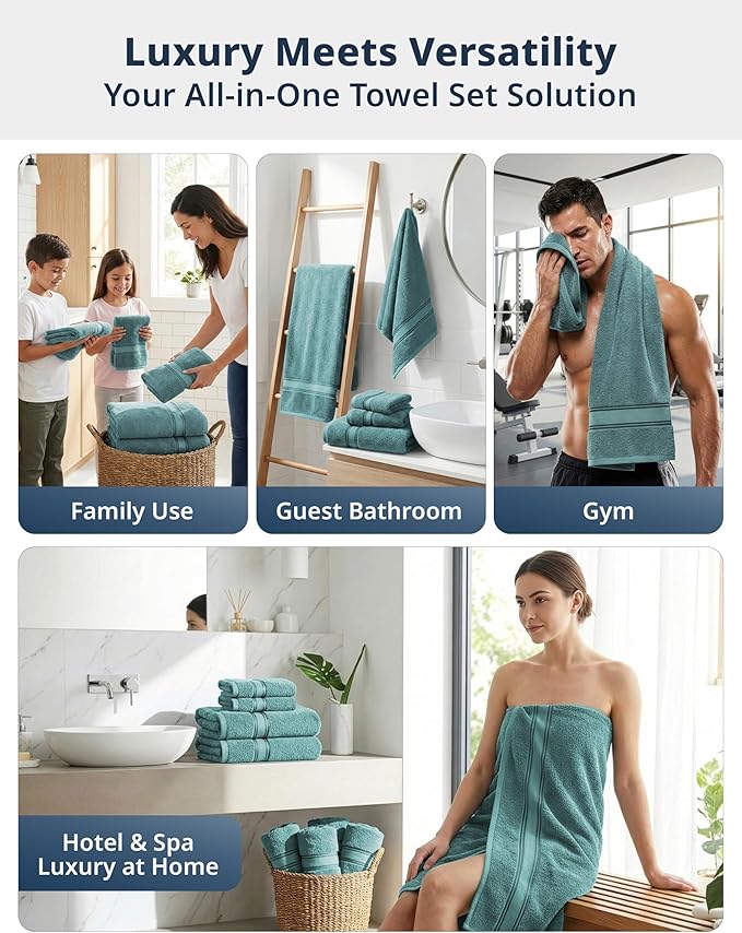 LANE LINEN Towels for Bathroom – 12 Pack, 100% Cotton Towel Sets, Zero Twist, 4 Bath, 4 Hand Towel & 4 Wash Cloths, Highly Absorbent, Luxury Hotel & Spa Quality, Machine Washable – Teal