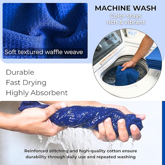 Highly Absorbent Cotton Dish Towels for Drying - Set of 6 Royal Blue Kitchen Towels - 18"X28" Lint Free Waffle Weave Cloth Linen Hand Bathroom Bulk Dishtowels