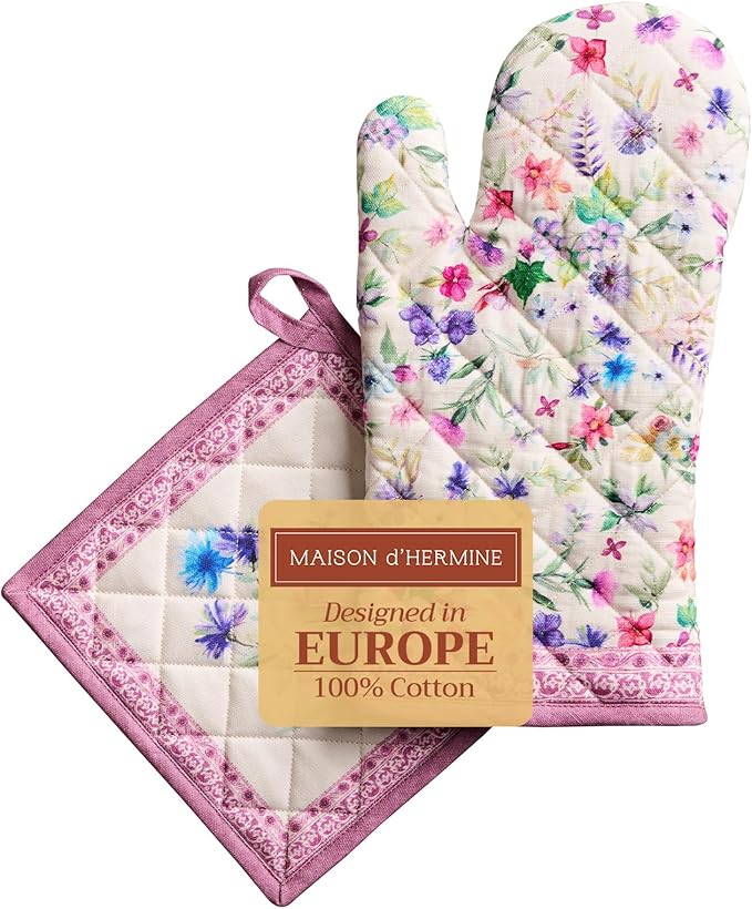 Maison d' Hermine 100% Cotton Oven Mitt & Pot Holder Set (7.5"x13" & 8"x8") Heat Resistant BBQ Cooking Gloves with Loop Baking Grilling Kitchen Gifts for Mothers Day Spring/Summer (Chardon)