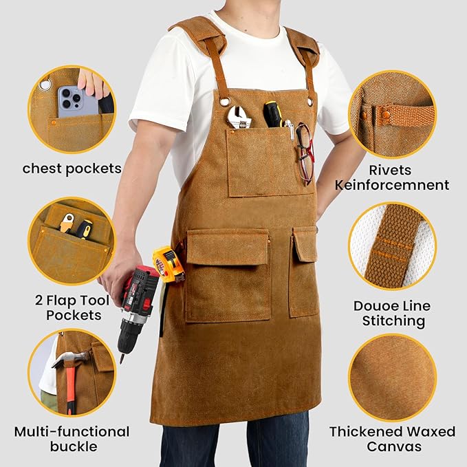 Work Apron with Pockets Thickened Waxed Canvas Apron Extended Adjustable Strap Waterproof Apron Protection for Men