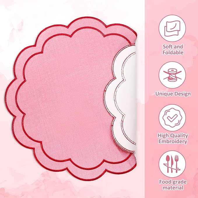 Whaline Pink Red Linen Placemats Embroidered Round Scalloped Kitchen Table Mats for Wedding Anniversary Valentine's Day Baby Shower Party Home Dining Table Decor, Set of 4, 15 x 15 in
