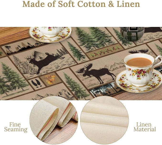 Rustic Cabin Table Runner Forest Bear Deer Wildlife Country Hunting Camping Art Printed Dinner Runner for Home Kitchen Dining Table Decor Fabric 1 Panel W13xL108in