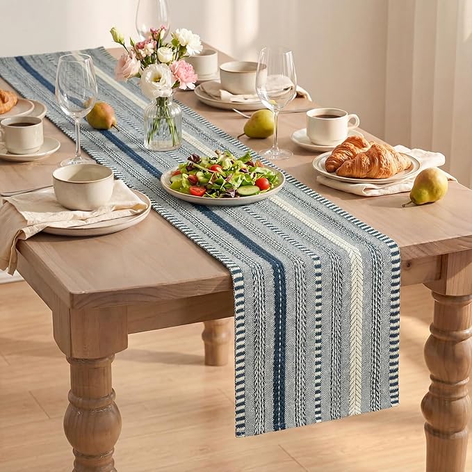 Artoid Mode Dark Blue Farmhouse Woven Table Runner, Seasonal Holiday Rustic Kitchen Dining Table Decoration for Home Party Decor 12x72 Inch