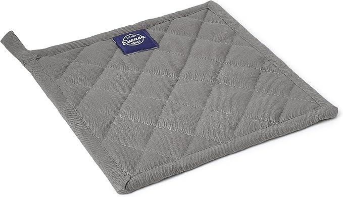 Encasa XO Heat Resistant Cotton Pot Holders with Hanging Loop - Set of 2 - Grey - Multipurpose Quilted Everyday Hot Pad for Kitchen, Camping, BBQ & Microwave - 8x8 in