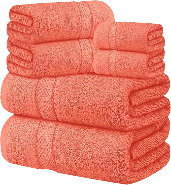 Oakias Premium Towel Set 600 GSM 6 Piece Coral - 100% Ring Spun Cotton Highly Absorbent Towels Set - Super Soft Bathroom Towel Set - Hotel Quality Double Stitched Hem - Ideal for Hotels, Spa, Gyms