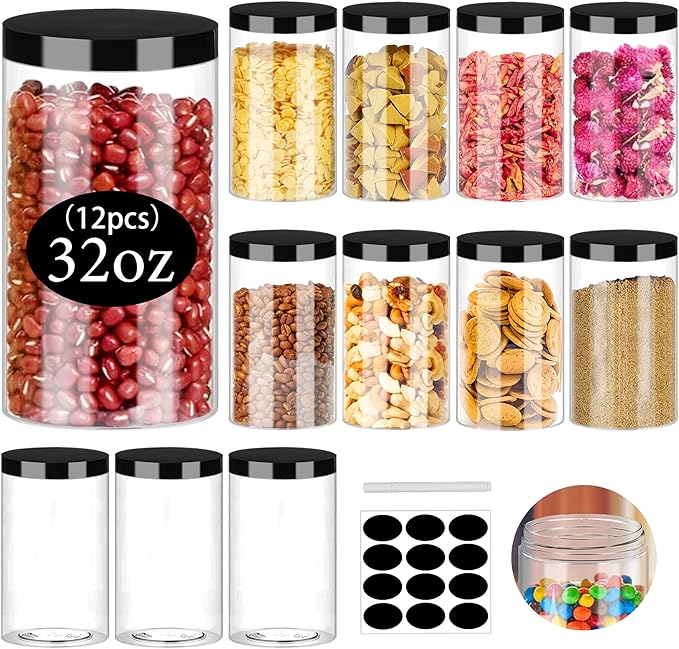 SLifeJars Clear Plastic Jars 32oz 12Pack Big Round PET Plastic Containers with Black Screw On Lids Reusable Empty Storage Jars with Lid Clear Containers for Household and Kitchen Organizing