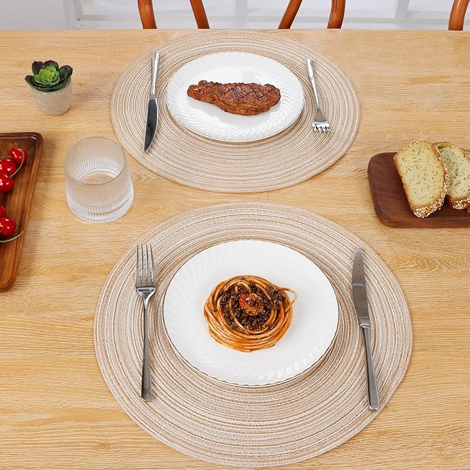SHACOS Round Placemats Set of 6 Cotton Polyester Braided Place Mats 15 inch Heat Resistant Washable Table Mats for Kitchen Dining Party Natural Table Decor (Beige, 6)