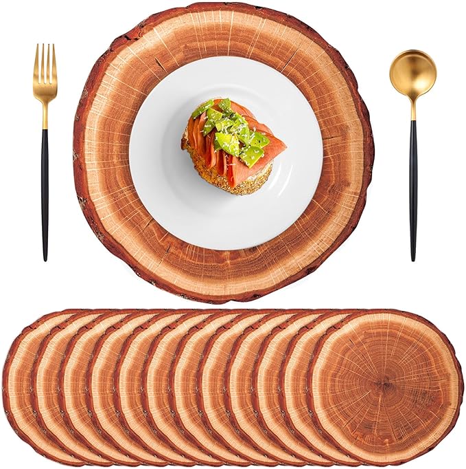 60 Pcs Wooden Slice Paper Placemats, 13.5 Inch Disposable Scalloped Table Mats Rustic Brown Placemat, Round Banquet Place Mats for Table Setting Farmhouse Wedding Banquet Dinner Party Decor