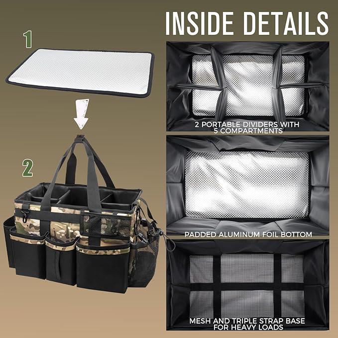 SCAVATA Wearable Cleaning Caddy Organizer with Handle & Shoulder Straps for Housekeepers, Under Sink & Car Cleaning Tool Organizer Bag with 4 Foldable Dividers (Camouflage)