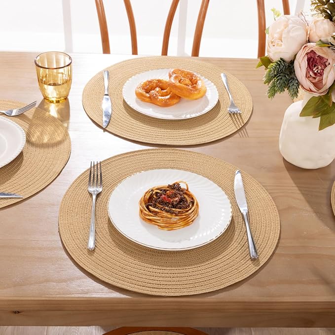 SHACOS 15 inch Round Braided Placemats Set of 4 Cotton Polyester Place Mats Washable Kitchen Dining Table Mats for Dinner Party Table Decor (Camel, 4)
