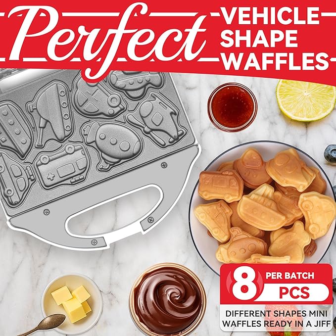 SugarWhisk Car Waffle Maker for Kids, Halloween & Christmas Mini Waffle Maker, 8 Fun Vehicle Shaped Mini Pancake Maker, Non Stick Surface, Excellent Gift, White