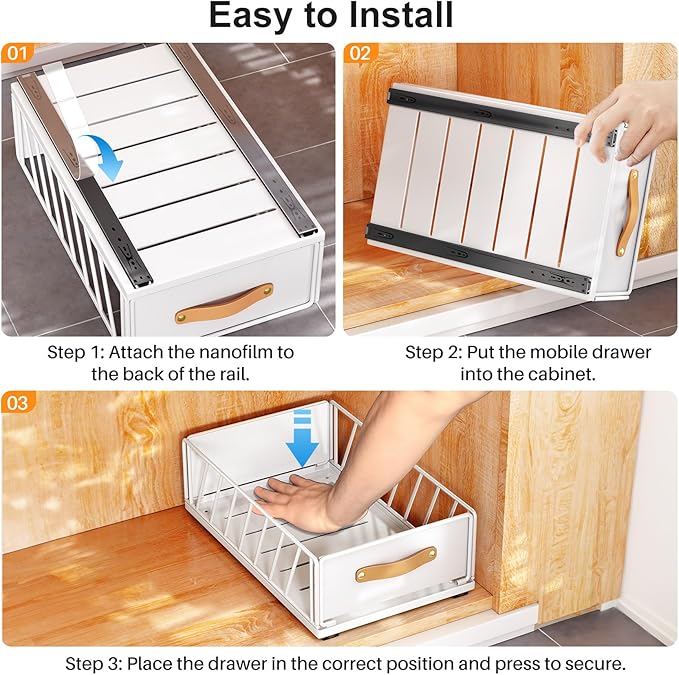 Pull out Cabinet Organizer,Heavy Duty Slide out Pantry Shelves Drawer Storage with Adhesive Nano Film,Sliding Mesh Cabinet Basket with Handle for Kitchen, Bathroom, Home, 13.8"W X 21"D X 6.2"H,White