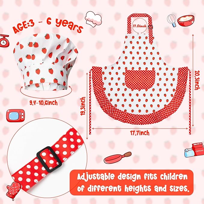 R HORSE Kid Apron and Chef Hat Set - 2Pcs Strawberry Adjustable Children Kitchen Toddler Apron for Girls, Role Play Chef Toy Cooking Baking Painting and Training Kits Kid Funny Cooking Birthday Gift