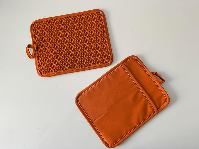 Oven Pot Holder with Pocket Cotton Heat Resistant Coaster Potholder Kitchen Hot Pad Oven Mitts for Cooking and Baking Square 7"x9" (Orange, Silicone)