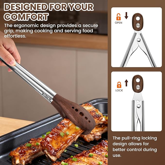 9-Inch Wooden Tongs for Cooking - Heat Resistant Natural Walnut Wood Kitchen Tongs, Stainless Steel Salad Tong with Walnut Wood Tips for Serving Food, Cooking, Tossing Salad, Grilling, BBQ (9 Inch)