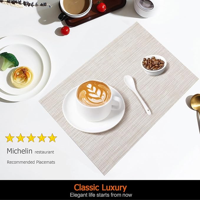 Placemats Set of 8 Washable&Wipeable Place mats for Dining Table Kitchen Indoor Outdoor Table Mats Heat Resistant Non Slip Woven Vinyl Table Placemats (Beige，8PCS)